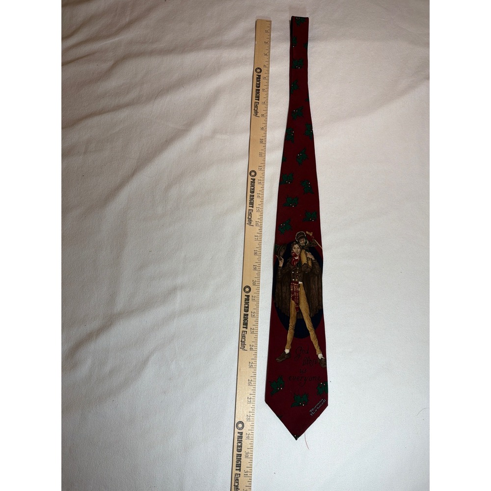 Norman Rockwell Mens Silk Tie God Bless Us Everyone Christmas Carol Burgundy 95 - Picture 6 of 7